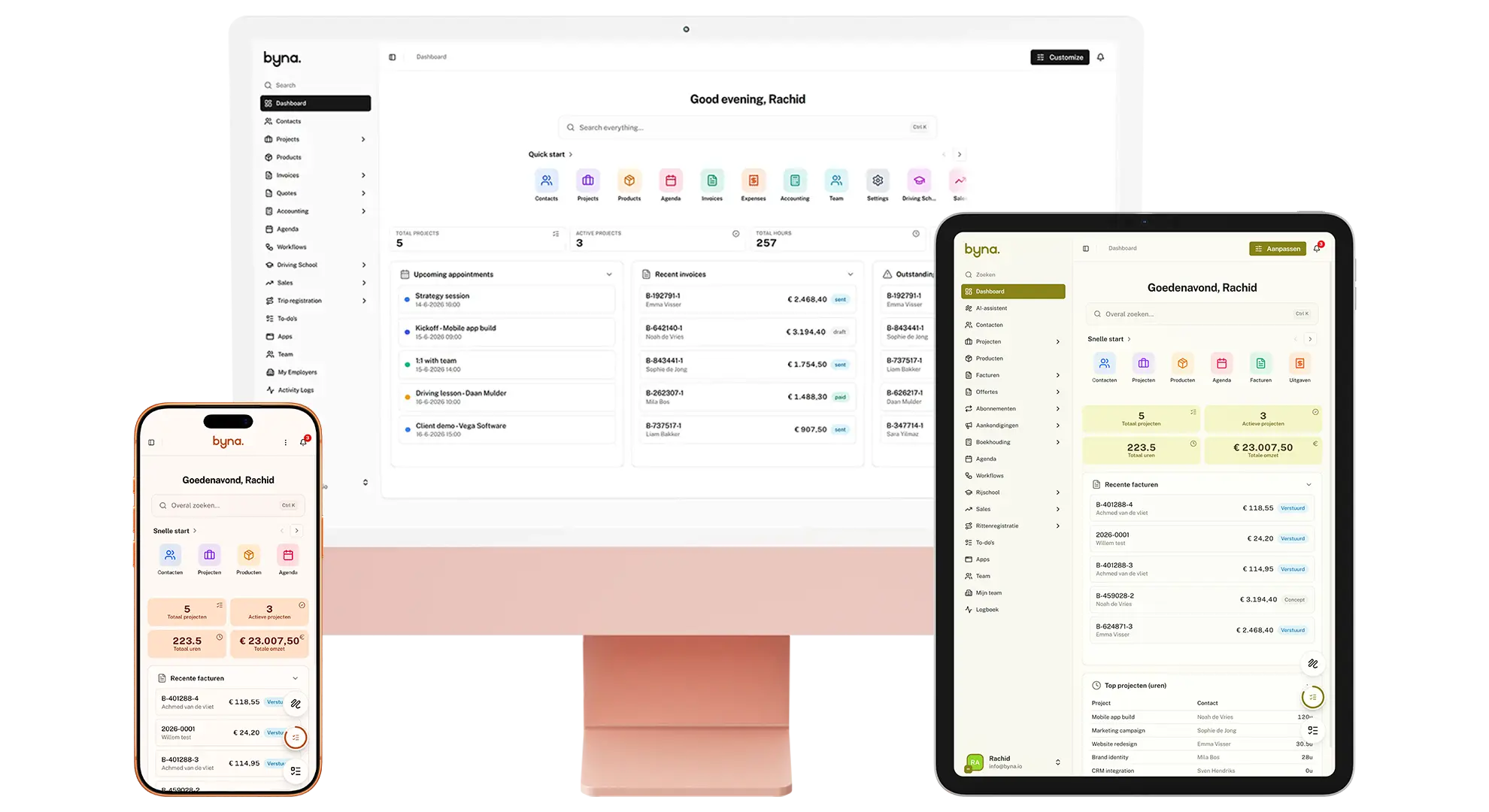 Byna open on a desktop, a tablet and a phone