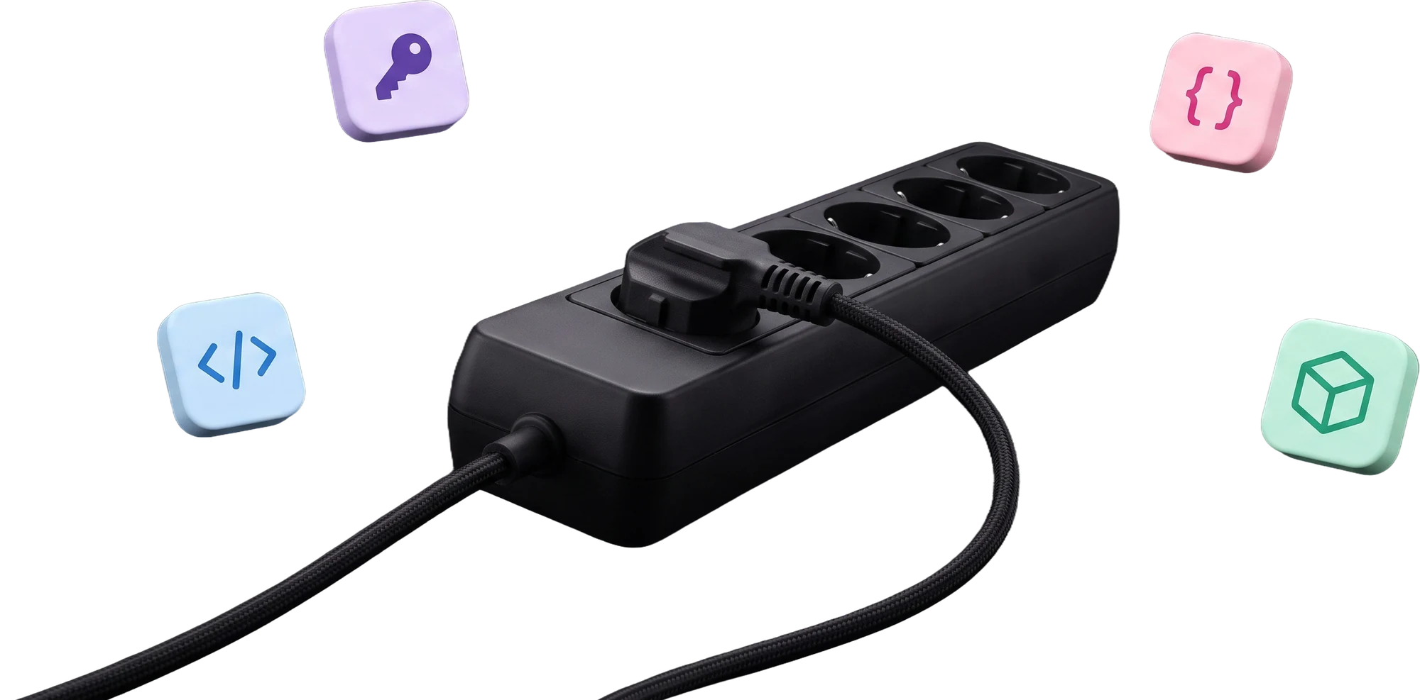 Matte black power strip with one plugged-in cable and floating app icon tiles for keys, code, JSON and products